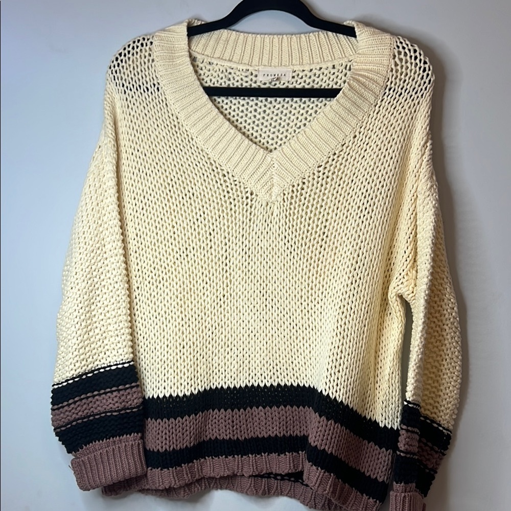 NWOT Promesa Women’s Cozy Cream, Purple, Black Knit Oversized Sweater Size Small